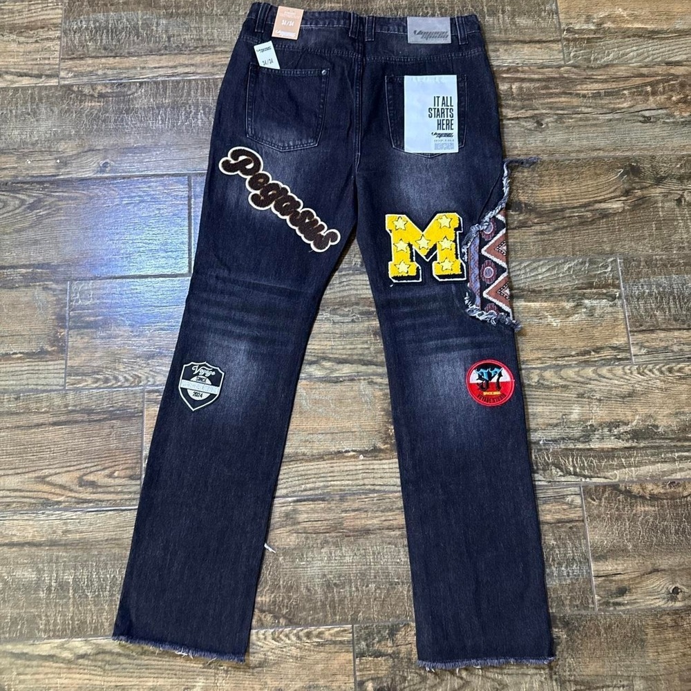 NWT Voyage Studio Black Sand Patchwork Jeans 34x34 Streetwear Denim - Picture 6 of 8